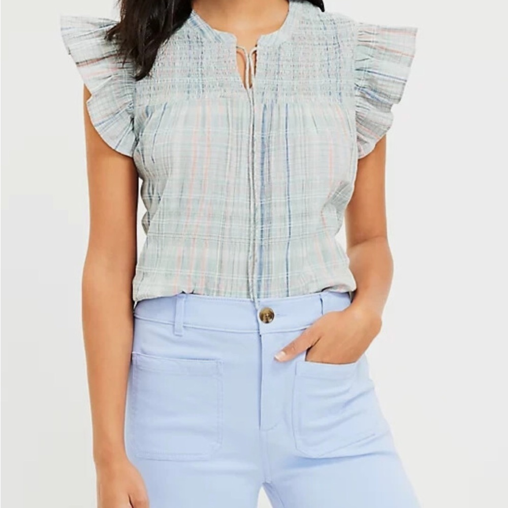 LOFT Plaid Smocked Blouse XSP